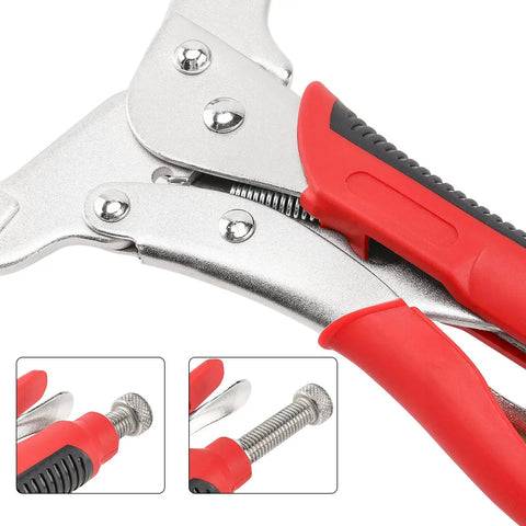Close-up of Built Tough 18 Inch C Clamp Locking Pliers Set with Swivel Pads and Rubber Handle Sleeve.