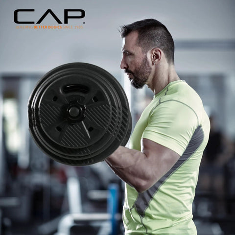 Man using Threaded EZ Curl Bar Set With 50 Lb Cement Grip Plates And Collars For Strength Training And Home Gym Workouts
