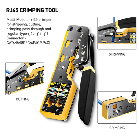 Close-up of RJ45 crimping tool from 11 In 1 Pro Grade Network Tool Kit For Ethernet Cabling Pass Through Crimper RJ45 Tester