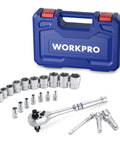 22 Piece Socket Set With Three In One Ratchet Handle Pro Grade One Quarter Inch Drive Sockets Three Eighth Inch Drive Sockets And One Half Inch Drive Sockets CR V Metric Sockets Extension Bars And Storage Box For Auto Repair. Shown is a ratchet, sockets, and extension bars with a blue storage box.