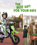 Child riding Green Electric Kids Motorcycle With Twist Grip Throttle, 12V Ride On Vehicle For Ages 3 To 6, with family nearby.