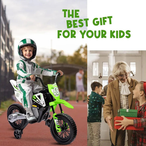 Child riding Green Electric Kids Motorcycle With Twist Grip Throttle, 12V Ride On Vehicle For Ages 3 To 6, with family nearby.