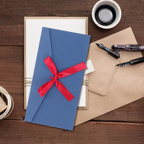Retro Invitation Envelopes Set, 10 Pack, 22x11cm, 250gsm Kraft Paper Envelopes with red ribbon for greeting cards and party invitations