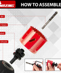 Assembly guide showing Heavy Duty Workhorse Bi Metal Hole Saw Kit and Hole Cutter Set components including drill chuck and mandrel.