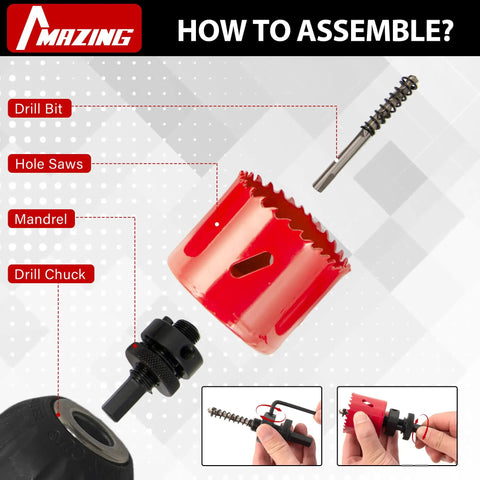 Assembly guide showing Heavy Duty Workhorse Bi Metal Hole Saw Kit and Hole Cutter Set components including drill chuck and mandrel.