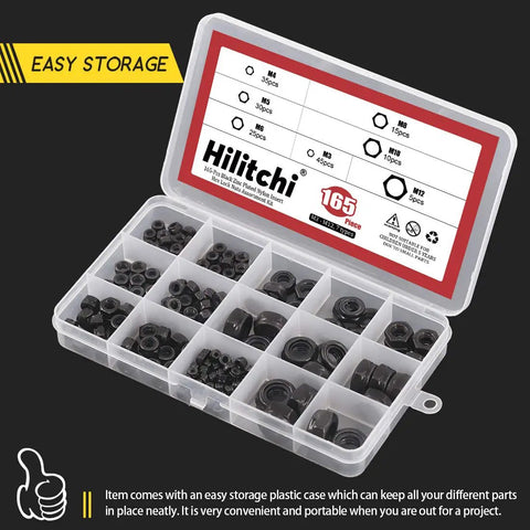 Heavy Duty Zinc Plated Nylon Lock Nuts Assortment Kit Offers Rock Solid Hex Head Stability With Secure Thread Grip Includes 165 Piece Metric Bolt Set In Seven Key Sizes M3 To M12 Stored In A Tough Resealable Case For Daily Shop Tasks.