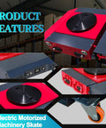 Close-up of Heavy Duty Electric Machinery Skate That Lets You Glide Heavy Equipment With Ease, featuring red chassis and rotating wheels.