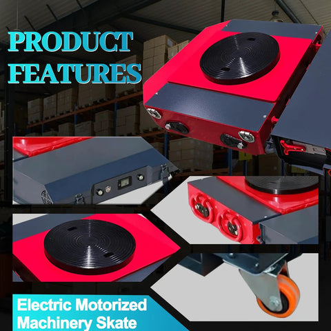 Close-up of Heavy Duty Electric Machinery Skate That Lets You Glide Heavy Equipment With Ease, featuring red chassis and rotating wheels.
