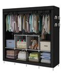 Black portable wardrobe with 4 hanging rails, shelves filled with clothes, toys, bags; Your Go To Portable Wardrobe With 4 Hanging Rails And Shelves Heavy Duty Steel Frame Black Clothes Organizer Space Saving Closet Storage Unit For Home And Dorm Durable PP Panels Easy Setup.