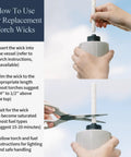 Hands demonstrating Fiberglass Tiki Torch Wicks Replacement Wicks For Outdoor Torches Half Inch By 7.5 Inch Trim To Fit Easy To Trim Fits Most Porch And Backyard Torches Set Of 100 installation and trimming.