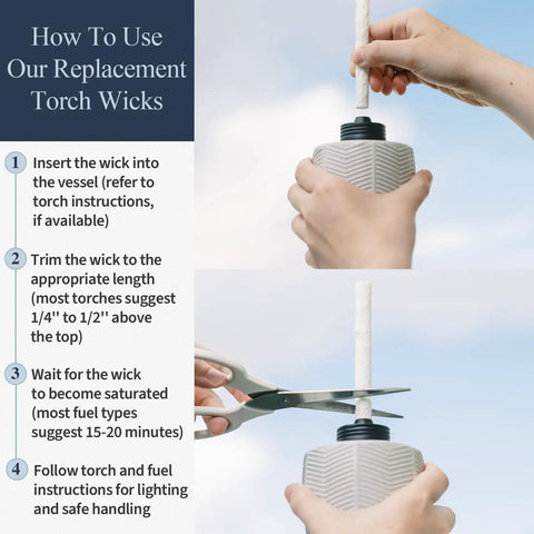 Hands demonstrating Fiberglass Tiki Torch Wicks Replacement Wicks For Outdoor Torches Half Inch By 7.5 Inch Trim To Fit Easy To Trim Fits Most Porch And Backyard Torches Set Of 100 installation and trimming.