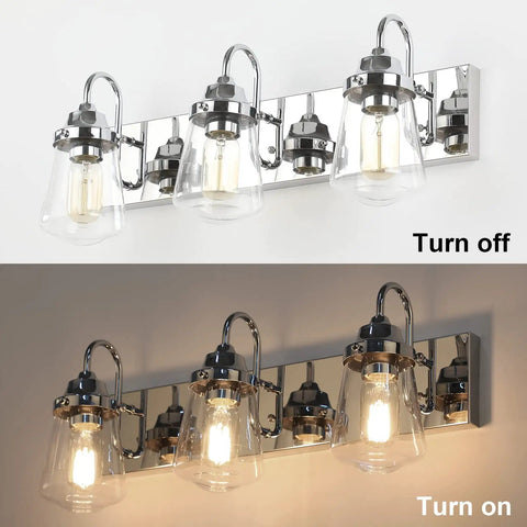 Chrome Vanity Light Fixture For Bathroom Three Light Farmhouse Style Over Mirror With Clear Glass Shades Bulbs Not Included, on and off view