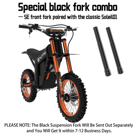 Next Level Electric Dirt Bike And Off Road Mini Ebike featuring special black fork combo with classic Soleil01 design.