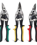 Three-Piece 10-Inch Aviation Tin Snips Set For Sheet Metal Aluminum And Vinyl Left Cut Red Right Cut Green Straight Cut Yellow Aircraft Grade Cr-V Steel Serrated Edges Durable Metal Cutter Shears For Pros And DIYers.