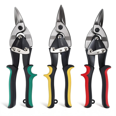 Three-Piece 10-Inch Aviation Tin Snips Set For Sheet Metal Aluminum And Vinyl Left Cut Red Right Cut Green Straight Cut Yellow Aircraft Grade Cr-V Steel Serrated Edges Durable Metal Cutter Shears For Pros And DIYers.