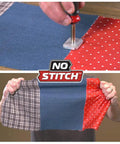 Close-up of the No Sew Electric Wand Kit With Premium Adhesive Powder for Clothing Repairs on fabric swatches being mended.