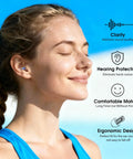 Woman wearing Concert Ear Plugs With High Fidelity Sound Filters 2 Pack For Live Music Raves Work And Musicians NRR 20 To 25 dB