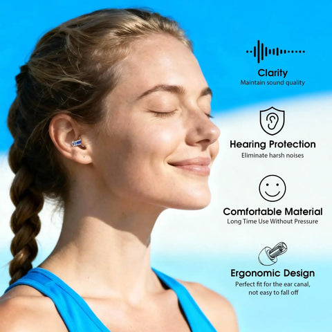 Woman wearing Concert Ear Plugs With High Fidelity Sound Filters 2 Pack For Live Music Raves Work And Musicians NRR 20 To 25 dB