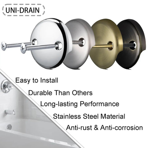 Universal Bathtub Overflow Face Plate With Two Holes And Matching Screws Chrome Finish Brass Construction For Easy Install On Most Tubs Replacement Drain Cover displayed with other finishes and features like easy installation, durability, and anti-corrosion properties.