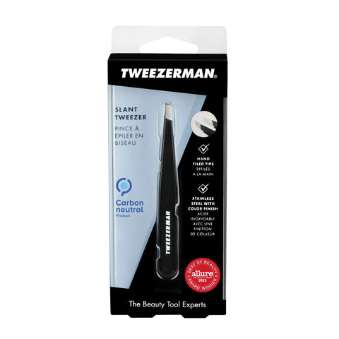 Slant Tweezers For Eyebrows In Midnight Sky Finish, Pro Quality Brow Shaping Tool With 25 Degree Slant Tip Packaging