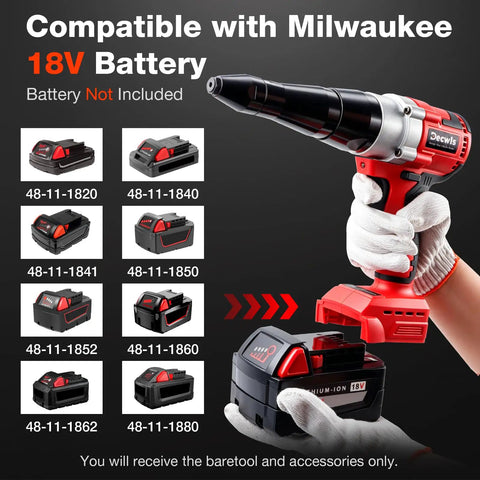 Cordless Rivet Gun For Milwaukee 18V Battery Tool Only With Brushless Performance shown in hand, battery not included.