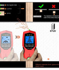 Heavy Duty Digital Wall Stud Finder With Bright Backlit Display For Dead On Ac Cable Scan Metal Pipe Locate And Wood Joist Detection Zero Hassle Design That Turns Demo Work Into A Total Breeze showing operation and material detection.