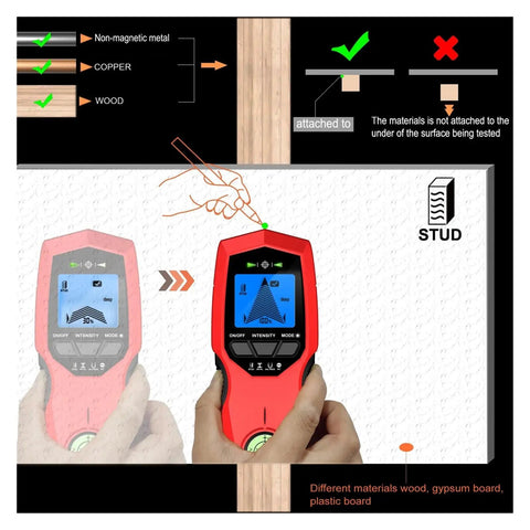 Heavy Duty Digital Wall Stud Finder With Bright Backlit Display For Dead On Ac Cable Scan Metal Pipe Locate And Wood Joist Detection Zero Hassle Design That Turns Demo Work Into A Total Breeze showing operation and material detection.