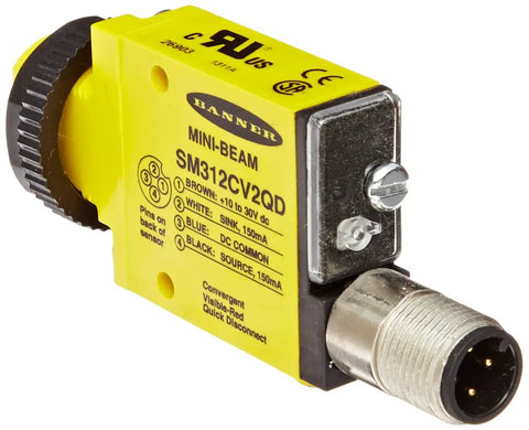 Mini Beam Photoelectric Sensor With Convergent Sensing Mode Visible Red LED 43 Mm Sensing Range 10 to 30 VDC Supply Bipolar NPN PNP Output 4 Pin Euro Style QD Connector M18 Mount Light Dark Operate Selector Factory Floor Ready, yellow M18 housing