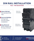 Built Tough 20 Amp 2 Pole Miniature Circuit Breaker 120 240V AC DIN Rail Surface Mount installation guide with tool-free mounting.