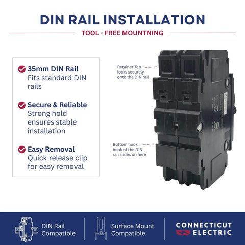 Built Tough 20 Amp 2 Pole Miniature Circuit Breaker 120 240V AC DIN Rail Surface Mount installation guide with tool-free mounting.