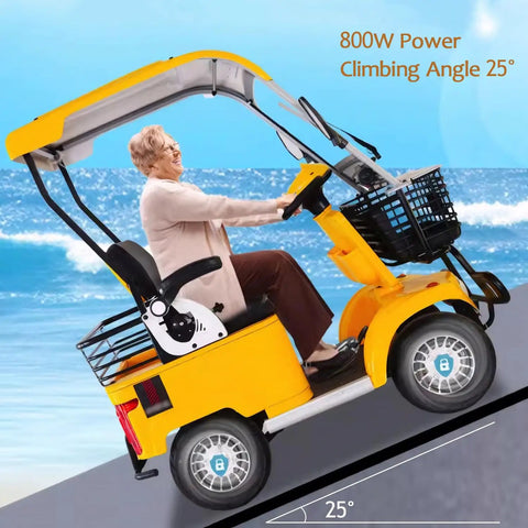 Badass Four Wheel Electric Mobility Scooter With Spacious Cargo Bin For Adults And Seniors climbing a slope with a user.
