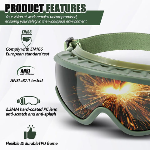 Relaxweex welding goggles with green frame and green adjustable strap, tinted protective visor