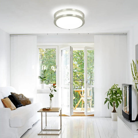 Super Bright Thirty Watt Dimmable Led Flush Mount Ceiling Light With Remote Round Fourteen Inch Fixture in living room