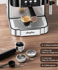 Professional 20 Bar Espresso Coffee Maker With Built In Steam Wand And Silky Milk Frother, Semi Automatic Home Barista Brewer. Espresso shot in clear glass, coffee portafilter, and filters.