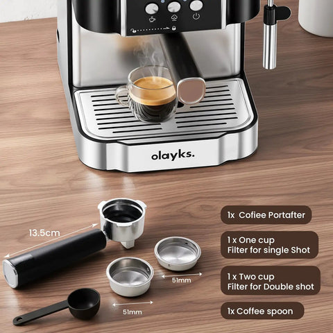 Professional 20 Bar Espresso Coffee Maker With Built In Steam Wand And Silky Milk Frother, Semi Automatic Home Barista Brewer. Espresso shot in clear glass, coffee portafilter, and filters.