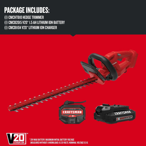 V20 Cordless Hedge Trimmer With Battery And Charger Included 20 Inch Dual Action Blade on red background