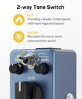 Close-up of blue overdrive pedal's 2-way tone switch with hot and warm modes, showing controls for the Blues Drive Vintage Style Tone