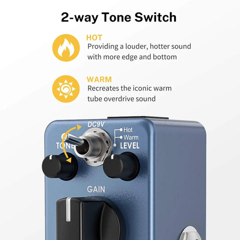 Close-up of blue overdrive pedal's 2-way tone switch with hot and warm modes, showing controls for the Blues Drive Vintage Style Tone