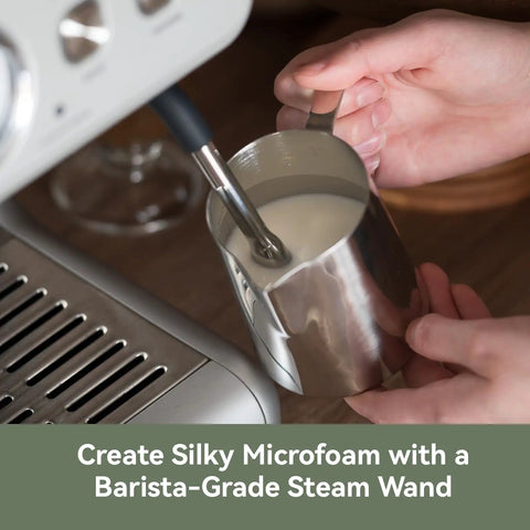 Pro Level Dual Boiler Espresso Machine With Slick Integrated Grinder And Reliable 58mm Portafilter For Steady Extraction Pressure and silk milk frothing.