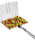 Extra Large Grill Basket For Outdoor Grillin With Detachable Handle filled with veggies, stainless steel design, open view.
