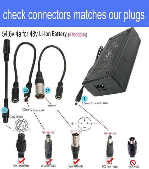 54.6V 4A Fast Charger To Power Up Your 13S 48V Lithium Battery Pack For Electric Wheelchairs, 4 DC Heads, 3 Pin XLR Connector, LED Indicator, 110-240V AC Input, 47-63Hz, Compatible With Jazz Mobility Wheelchairs