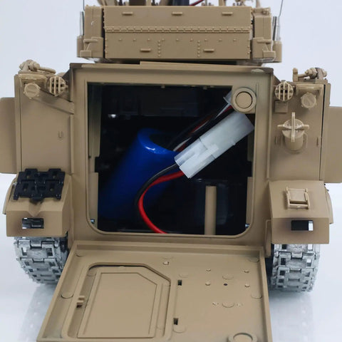 Open battery compartment of 1/16 Scale Remote Control M113A1 MRV Tank With Infrared Barrel Recoil, Flashing LEDs, Smoke Generator, Realistic Sound System, Turret Rotation, Metal Drive Gearbox, Desert Yellow Pro Edition For Adult Hobbyists, showing internal connections.
