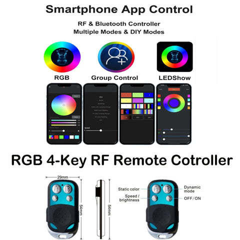 App control interface and RF remote for Lit RGBW Boat Drain Plug Lights With Half Inch NPT Fit, 1.5 Meter Extension Cord