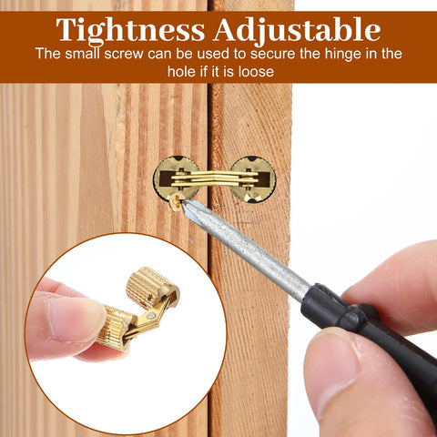 8mm Hidden Brass Barrel Hinges Set For DIY Jewelry Boxes And Small Wooden Boxes, 180 Degree Concealed Cabinet Hinges In Solid Brass With Rust Resistant Gold Tone Finish, Includes 4 Hinges being installed in wooden surface