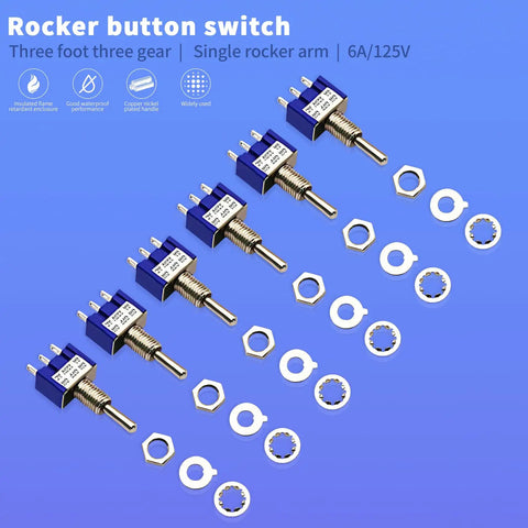 3 Position SPDT Mini Toggle Switch On Off On 3 Pin 6A at 125V and 3A at 250V Micro Toggle Switch for Arduino Projects With Durable Metal Housing Great For DIY Electronics Maker Projects and Arduino Experiments, blue metal body with mounting hardware