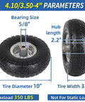 Flat Free Solid Tire And Wheel Set For Hand Trucks And Garden Carts, 10 Inch Diameter, side and front view, measurements labeled