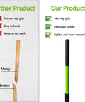 Comparison of a broken wooden handle fork vs. 57 Inch 5 Tine Steel Garden Pitch Fork With Cushioned Grip and green fiberglass handle.