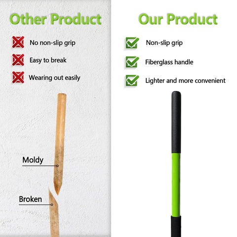 Comparison of a broken wooden handle fork vs. 57 Inch 5 Tine Steel Garden Pitch Fork With Cushioned Grip and green fiberglass handle.