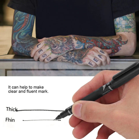 Hella Smooth Dual Tip Marking Kit Bold And Ultra Fine Felt Scribes For Piercing Positioning Aesthetic Procedures And Surgical Stenciling Top Shelf Removable Studio Grade Tools 10 Piece Set Black in use on clear paper.