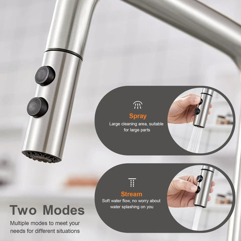 Universal Kitchen Faucet Replacement Head Pull Down Spray Nozzle With Fifteen Heavy Duty Adapters Two Function Sweet Brushed Nickel Metal Sink Sprayer Hassle Free Swap Total Game Changer showing dual spray modes.